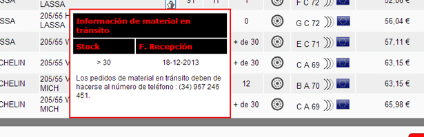 Ventana de información de material en tránsito del producto